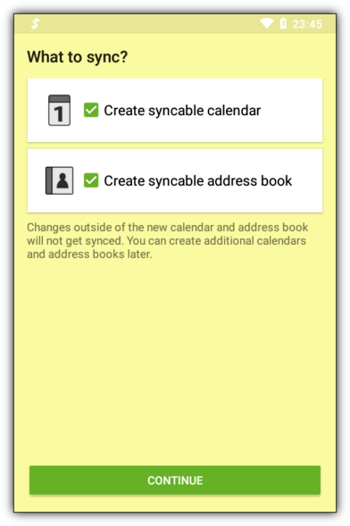 Screenshot: calendar and address book creation during first-run setup