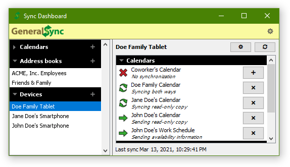 Screenshot: device selected in sync dashboard