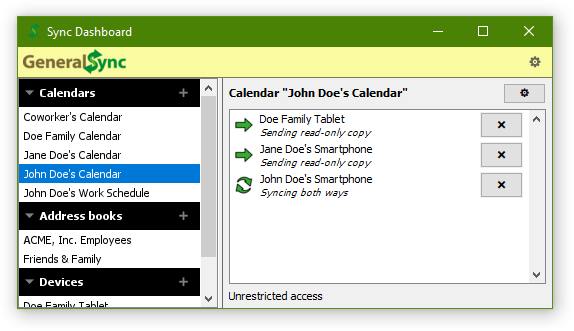 Screenshot: calendar selected in sync dashboard