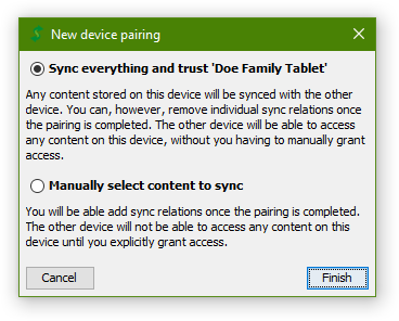 Screenshot: completed pair dialog with sync settings