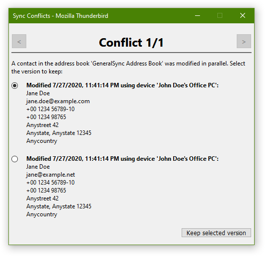 Screenshot: Konfliktdialog für Adressbücher