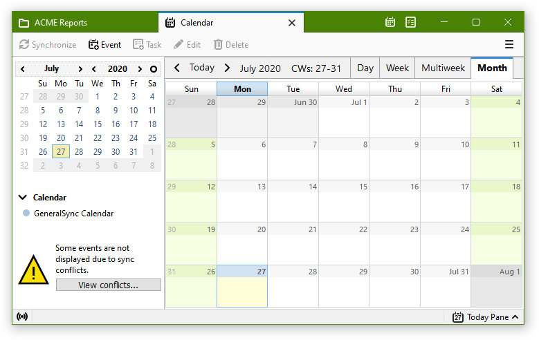 Screenshot: calendar tab with conflict warning