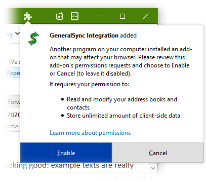 Screenshot: add-in installation confirmation